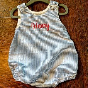 Seersucker blue boys bubble with Henry monogram